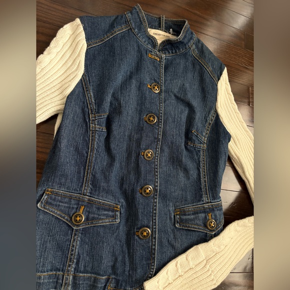 Vintage Denim Moto Jacket with Cream Knit Sleeves - Picture 3 of 6